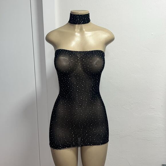 HOT! Intimates! Rhinestones Mesh Sheer Black Mesh Dress w Choker OS - Picture 2 of 7